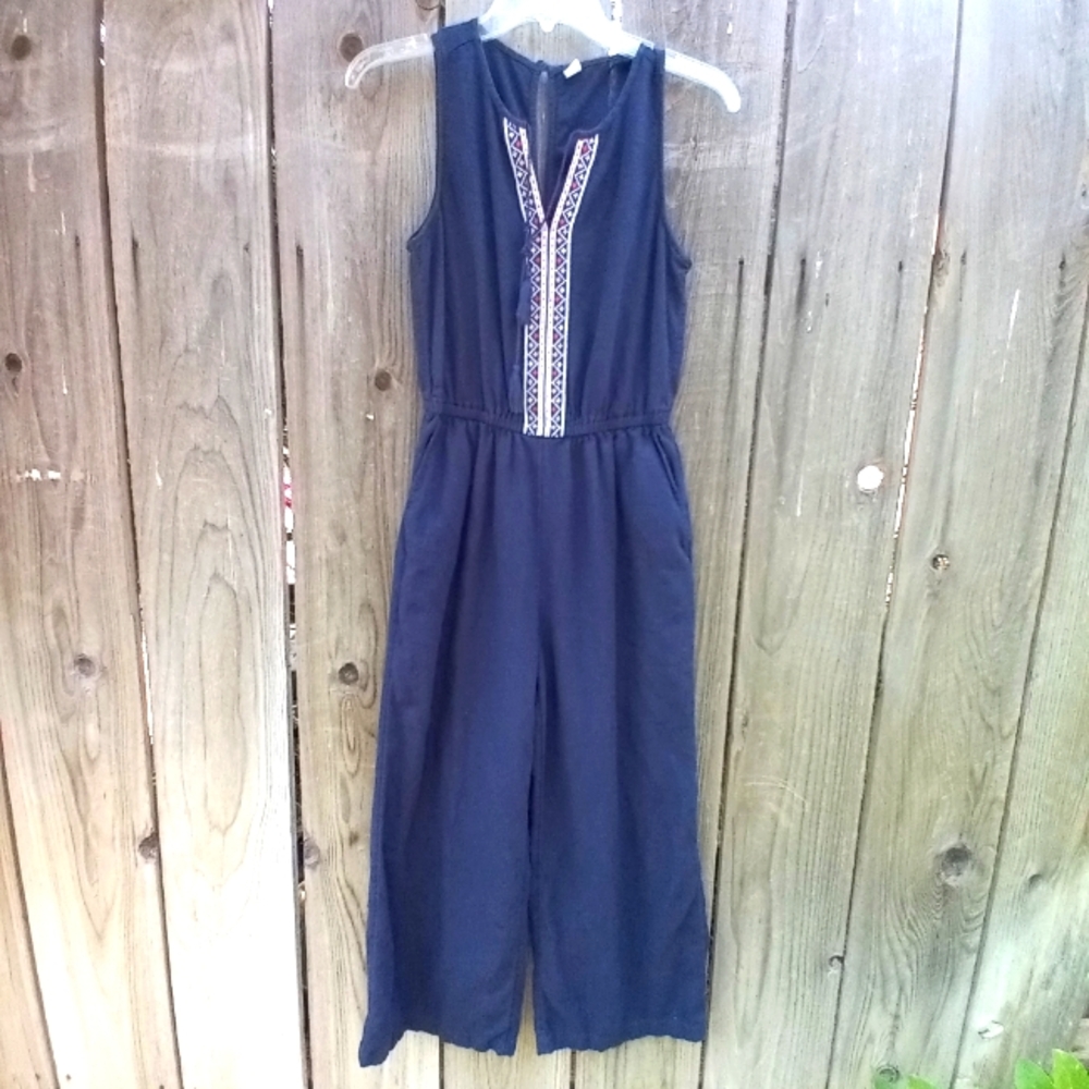 Old Navy Wide legs Embroidered Linen Blend Jumpsuit XS Navy Blue Pullon V Neck